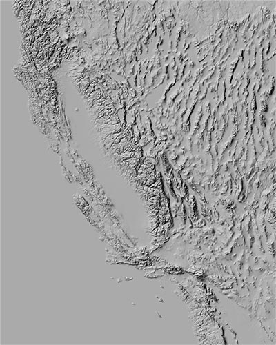 Grayscale Shaded Relief of California from DEM for Topographic Map