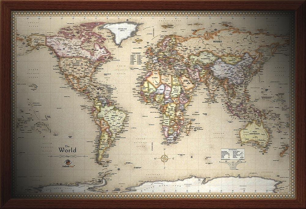 framed wall map of the world Framed Maps Wood And Aluminum Frames For Wall Maps framed wall map of the world