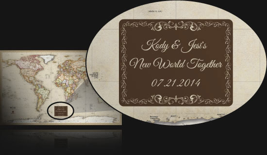 Antique Style Personalized Wedding Gift Map with Name of Bride and Groom