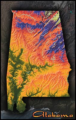 Physical Wall Map of Alabama Topography