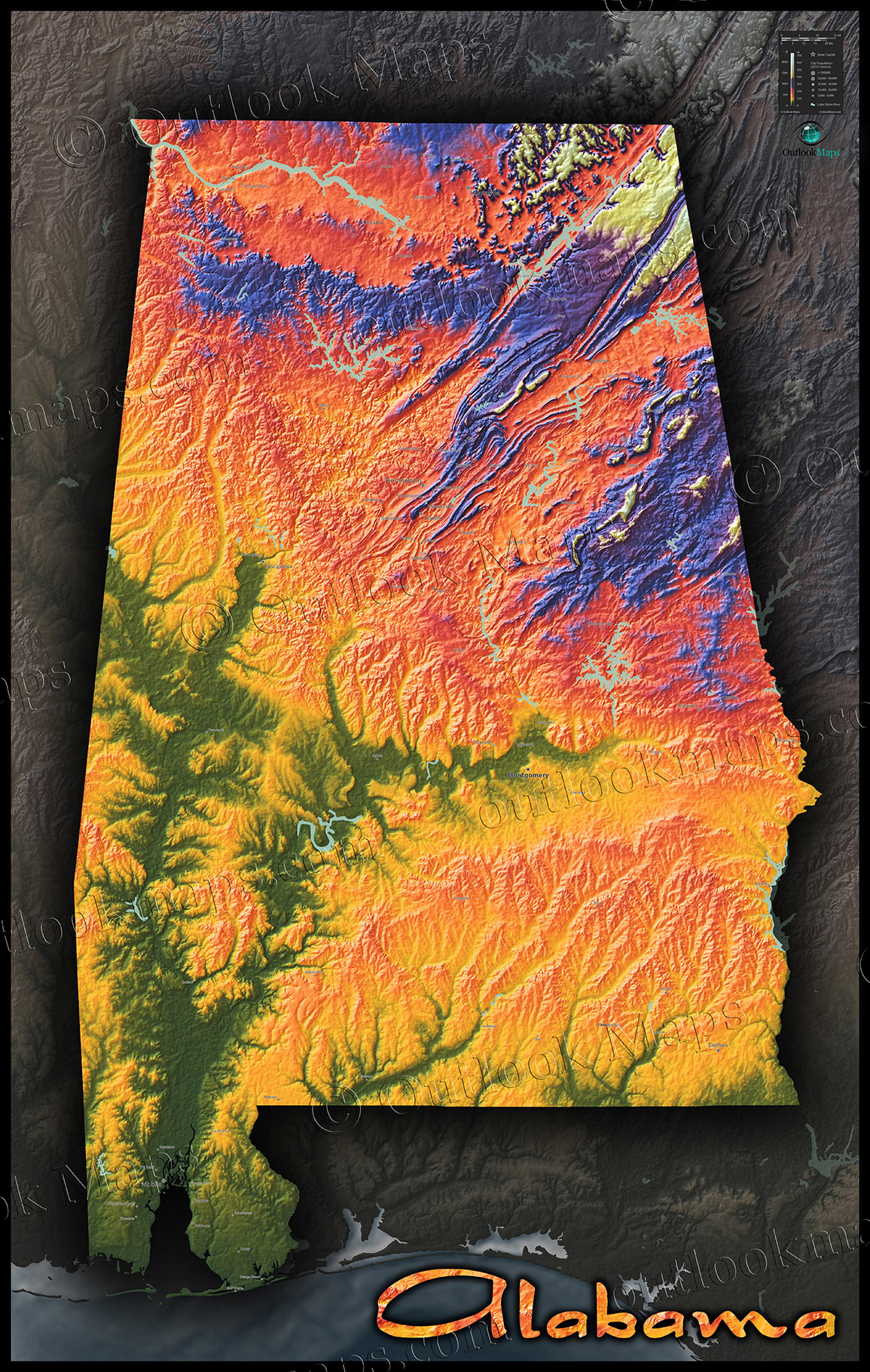 Colorful Alabama Wall Map Topographical Physical Features