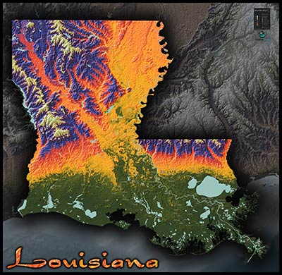 Physical Wall Map of Louisiana Topography