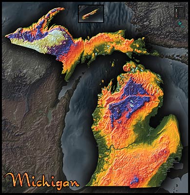 Michigan Topographic Physical Wall Map
