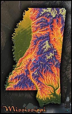 Physical Wall Map of Mississippi Topography