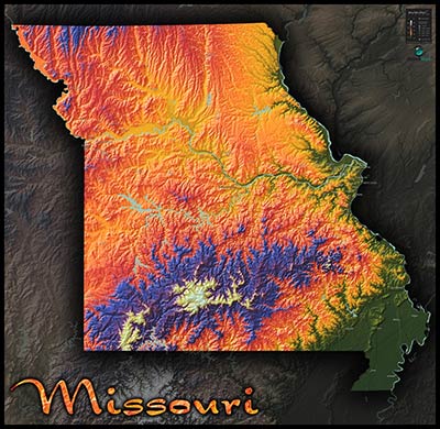 Topographic Physical Wall Map of Missouri