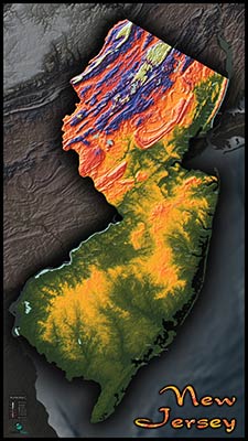 Topographic Physical Wall Map of New Jersey
