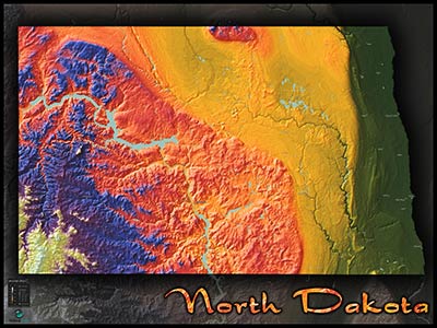 Physical Wall Map of North Dakota Topography