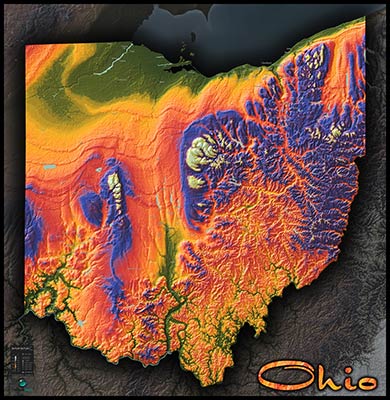 Topographic Ohio Physical Wall Map