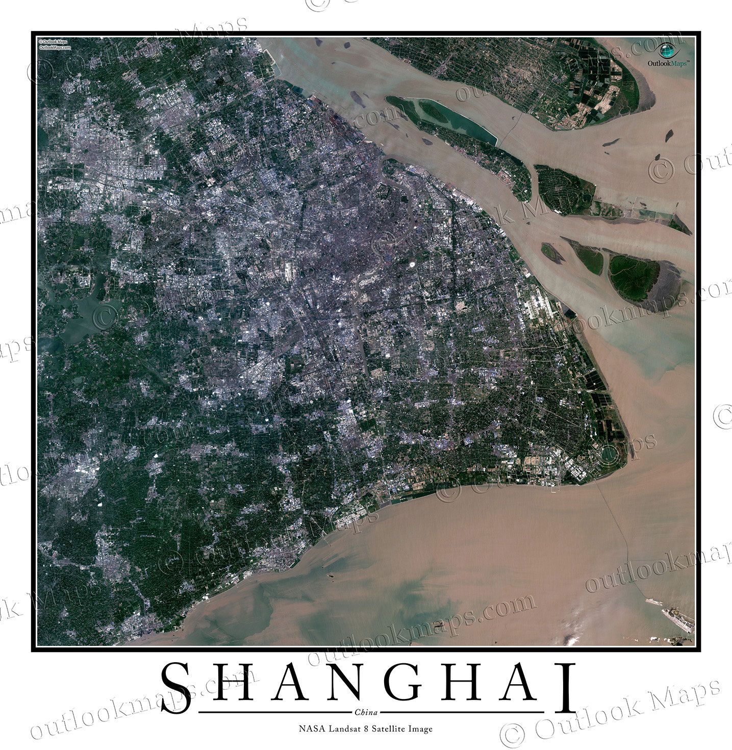 Shanghai China Satellite Map Print Aerial Image Poster