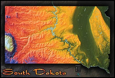 Physical Wall Map of South Dakota Topography