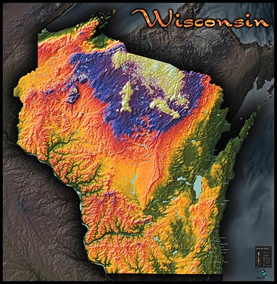 Wisconsin Topographic Physical Wall Map