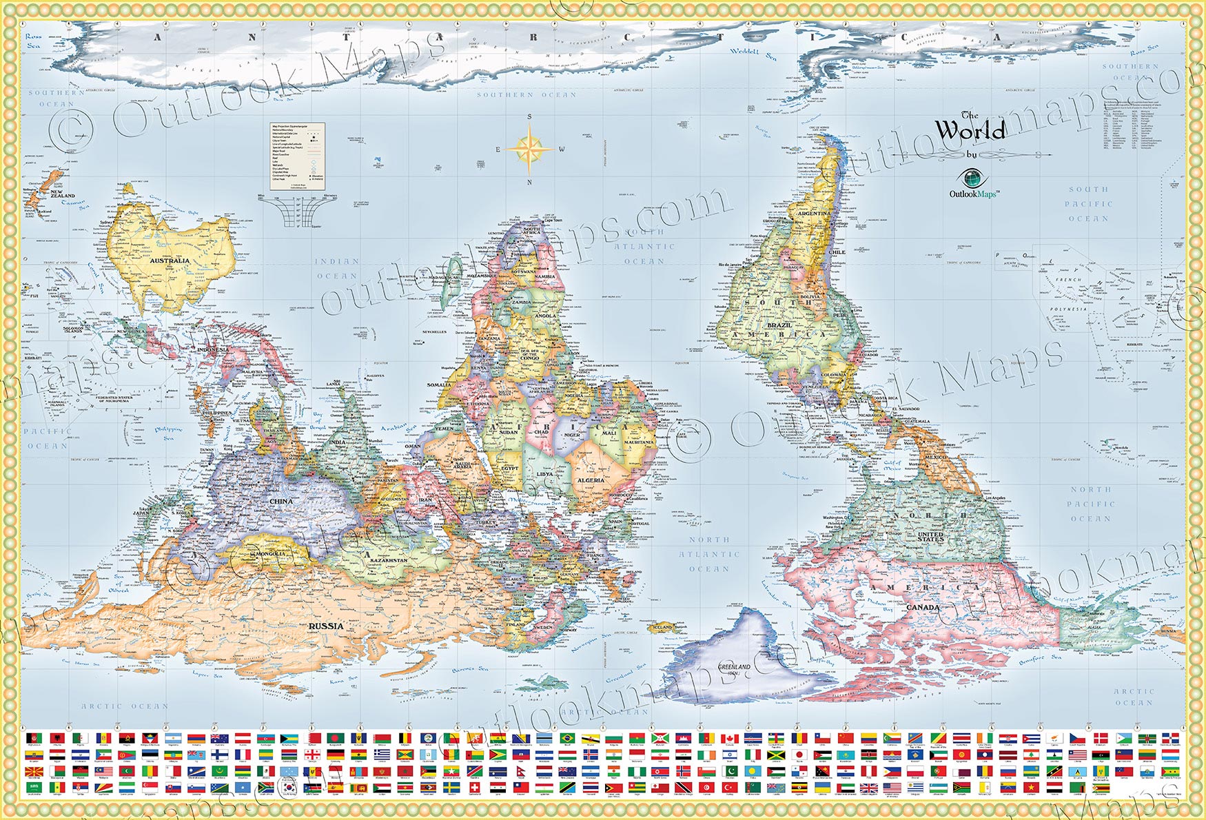 World Upside Down Map With Flags South Up Map