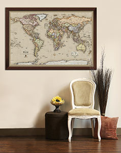 Framed Antique World Map on Display in Home Decor Wall