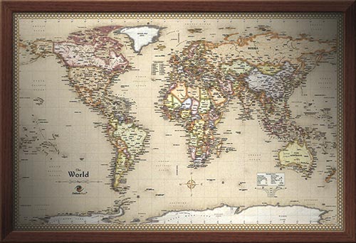 Framed World Map - Antique World Wall Map with Walnut Frame