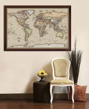 Framed World Map as Wall Decoration