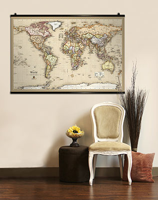 World Map Displayed on Wall with Hang Rails