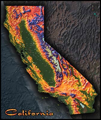 California Topographic Physical Wall Map