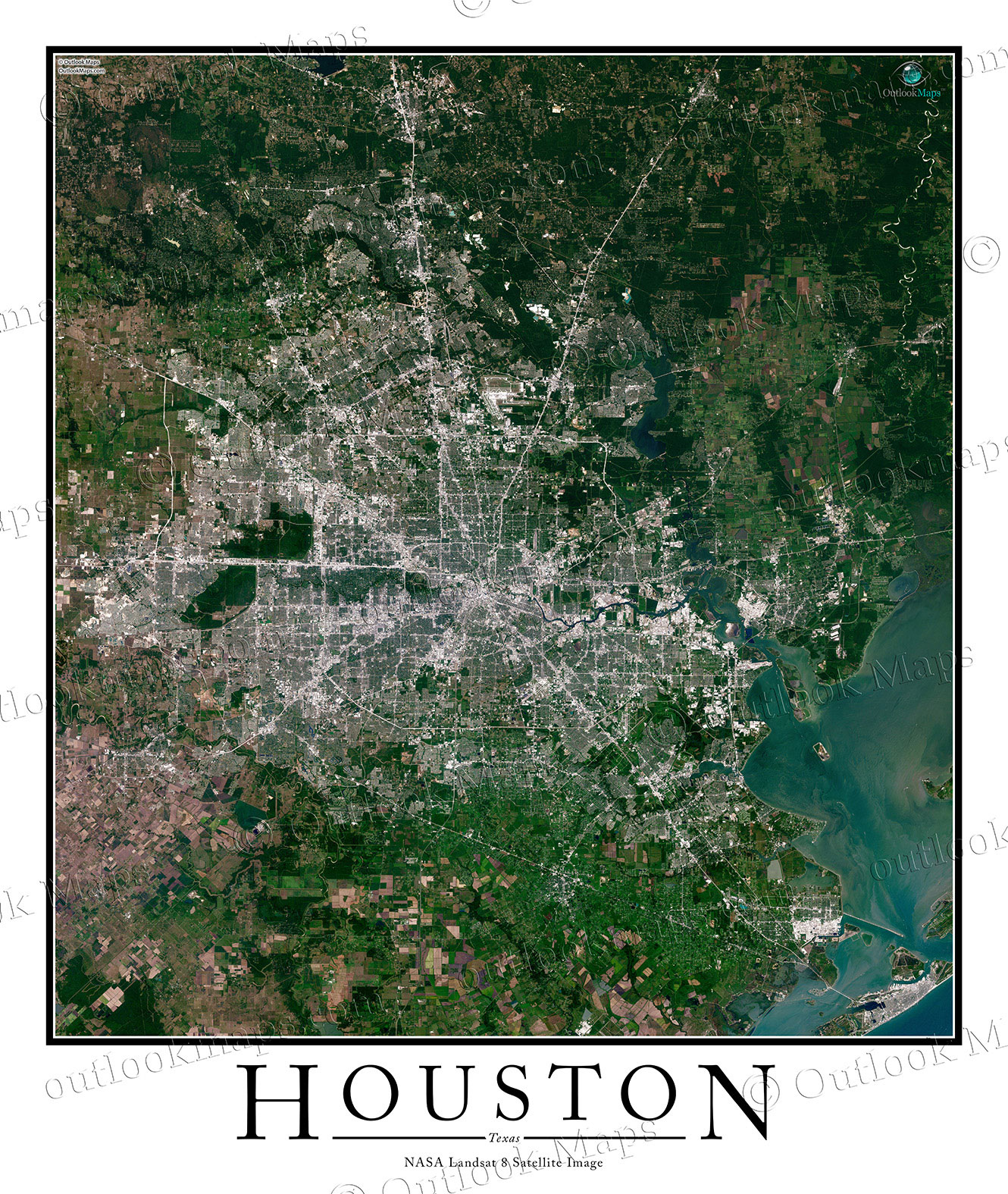 Houston Tx Area Satellite Map Print Aerial Image Poster