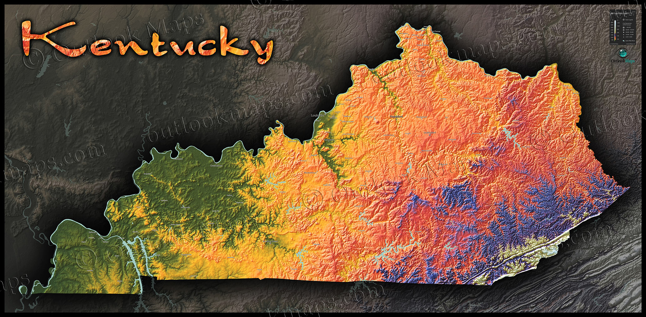 Kentucky Topography Map | Hilly Terrain in Colorful 3D