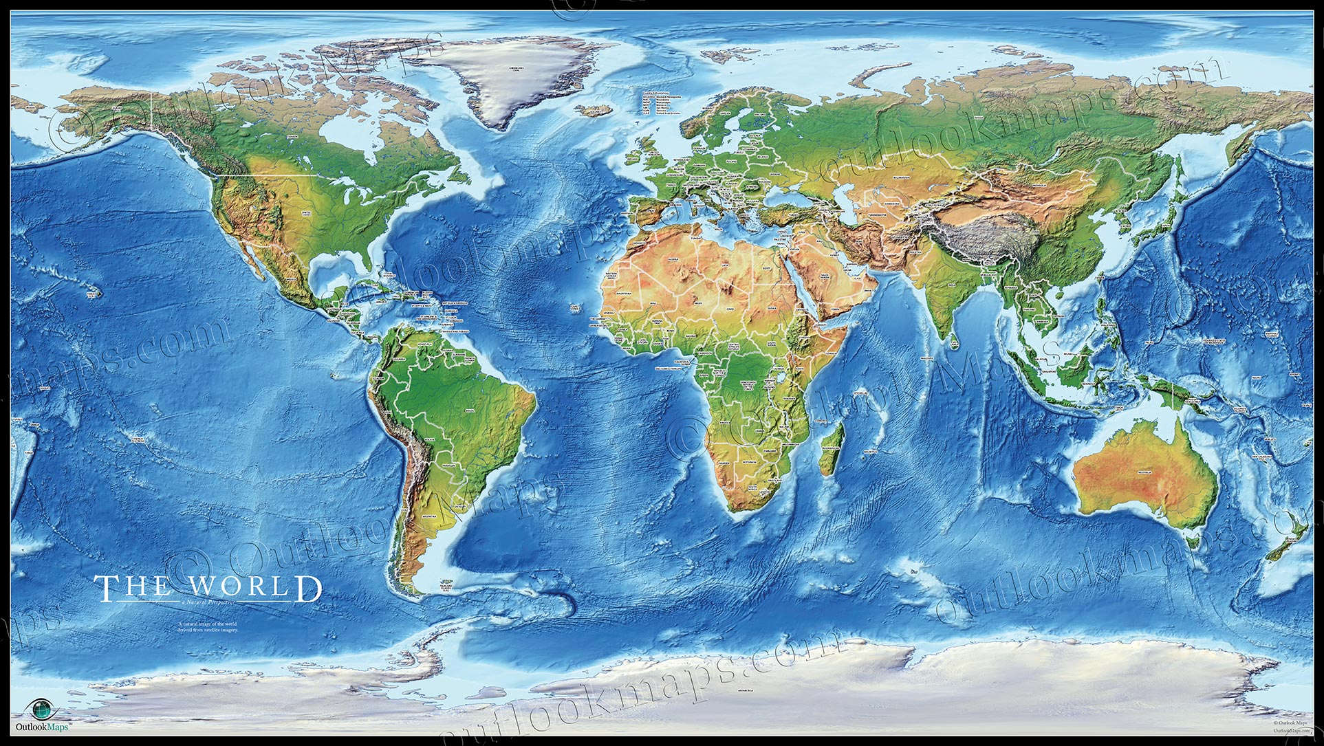 A world map poster that highlights the physical features and natural beauty...