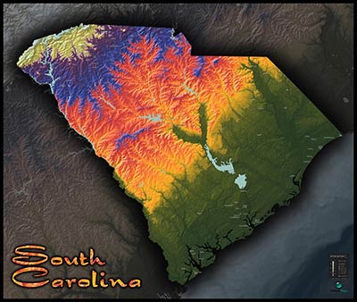 Physical Wall Map of South Carolina Topography