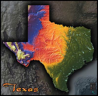 Physical Wall Map of Texas Topography