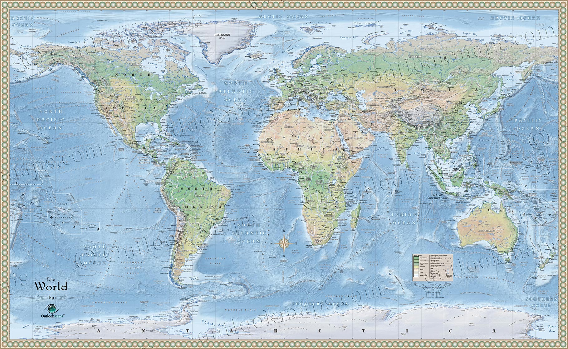 A natural world wall map that highlights the many environmental regions and...